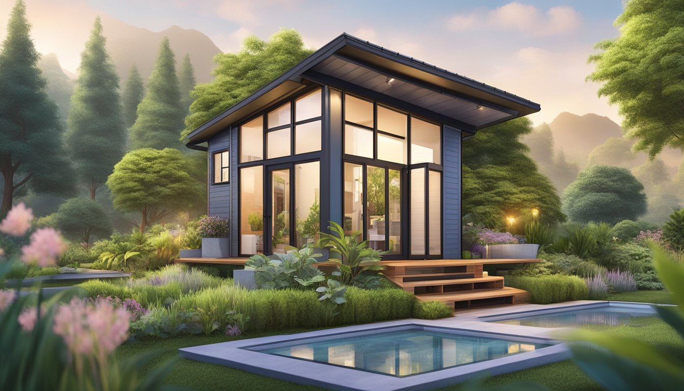 A serene zen tiny house nestled in a lush, sustainable community surrounded by gardens and solar panels