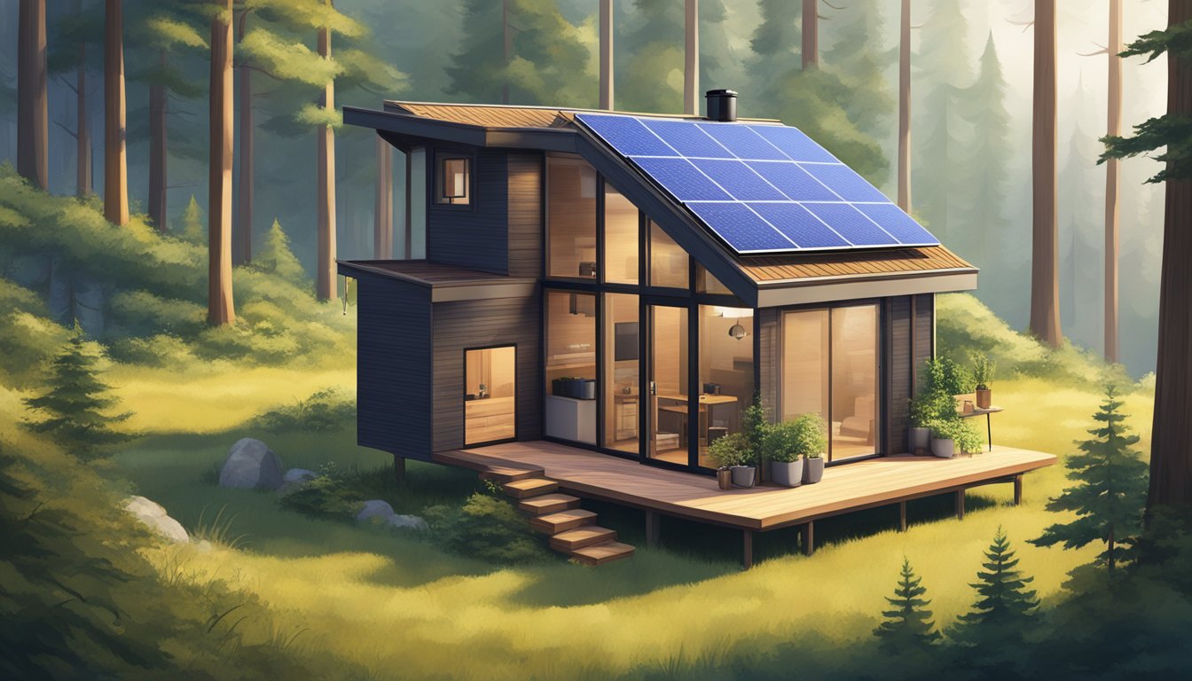 A cozy off-grid tiny house nestled in a remote forest clearing, surrounded by lush greenery and solar panels on the roof