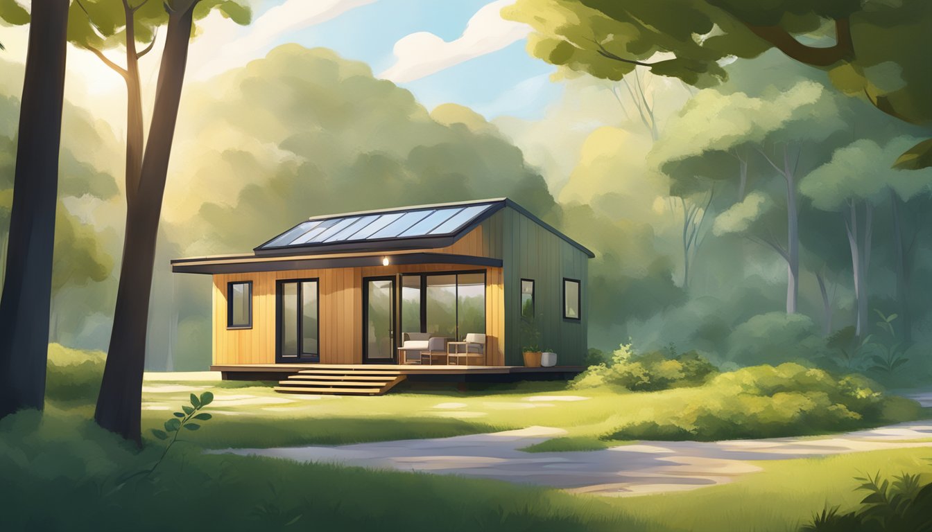 A serene, minimalist tiny home nestled in a tranquil natural setting, surrounded by lush greenery and bathed in warm, soft sunlight