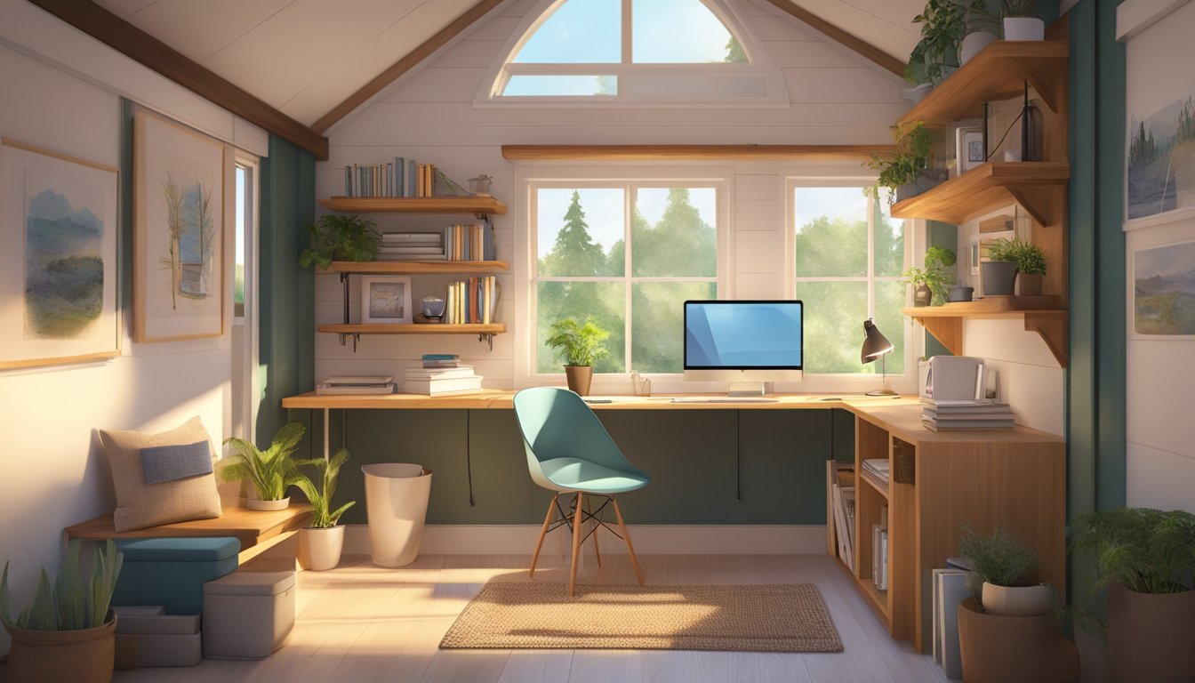 A cozy tiny house with a designated office space, equipped with a desk, chair, computer, and shelves. Natural light streams in through a large window, illuminating the space