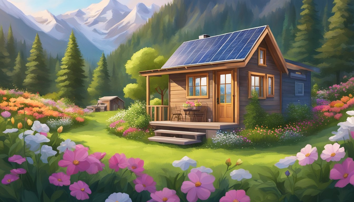 A cozy off-grid tiny house nestled in a picturesque setting, surrounded by lush greenery and blooming flowers, with a backdrop of snow-capped mountains