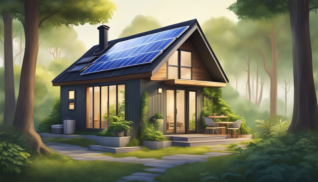 A cozy tiny house office nestled in a lush green forest, with solar panels on the roof and a small garden outside