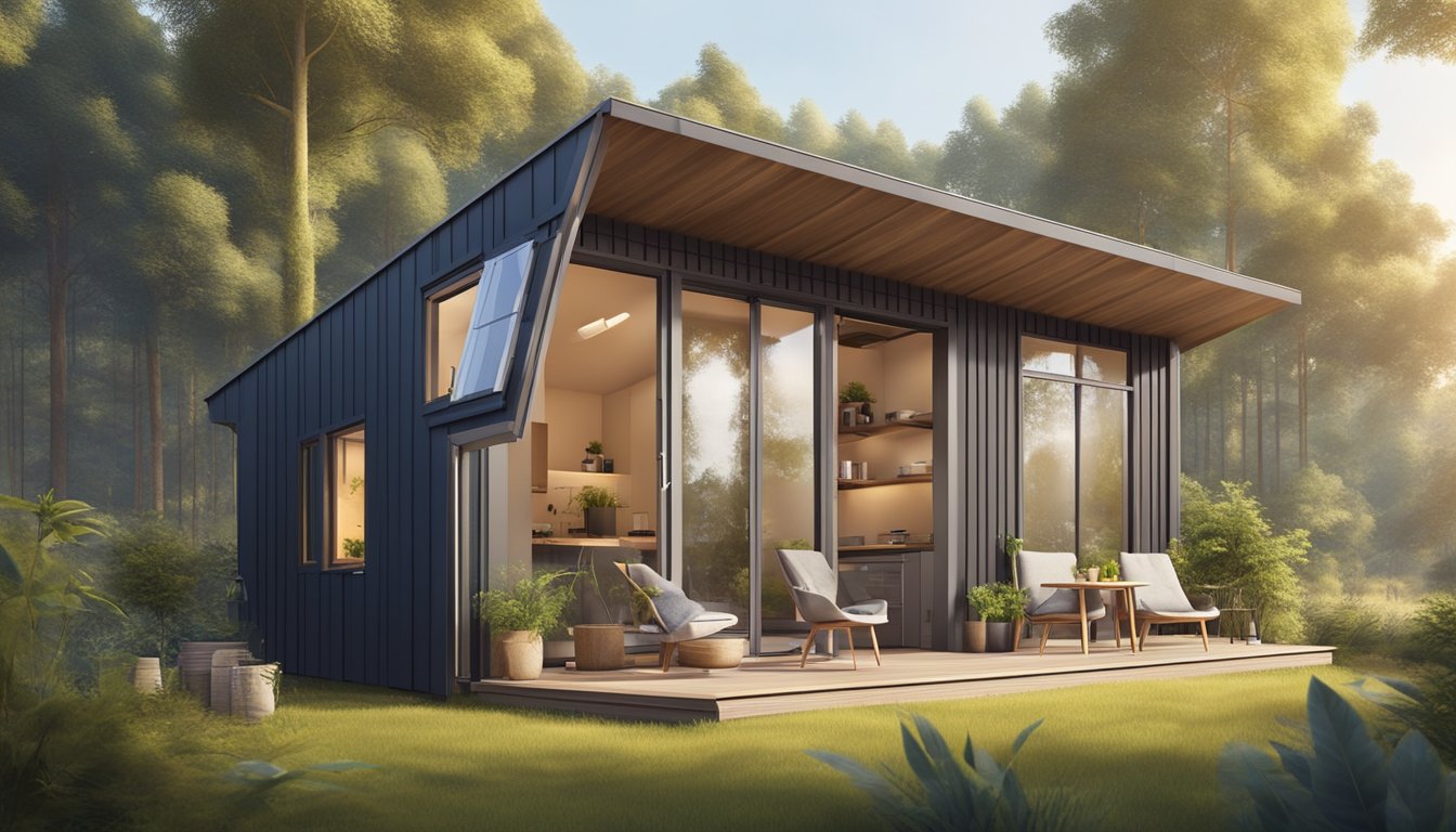 A tiny off-grid house with multi-functional furniture and clever storage solutions, surrounded by nature and powered by renewable energy sources