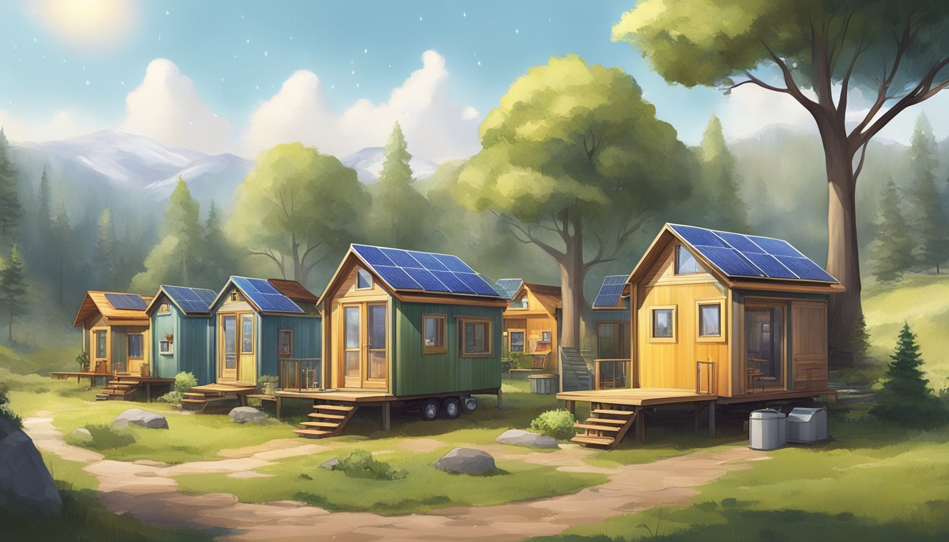 A cluster of cozy tiny houses nestled among trees, with solar panels and rainwater collection systems, creating a self-sufficient off-the-grid community