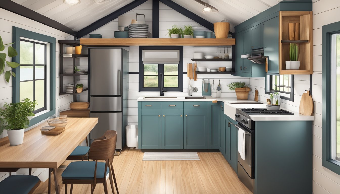 A 2-story tiny house with a functional floor plan, featuring a compact kitchen, living area, bathroom, and bedroom loft