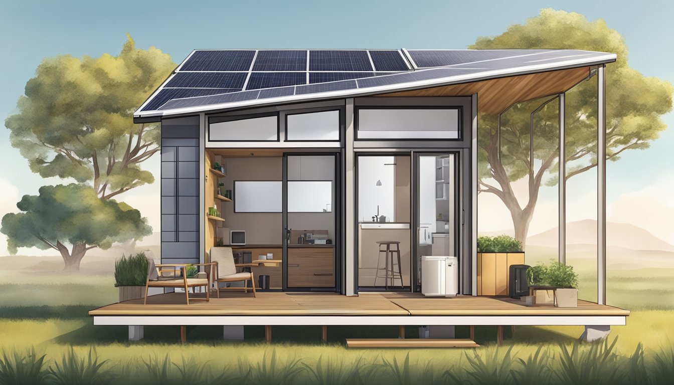 A tiny house with functional aspects: solar panels, rainwater collection, and compact furniture