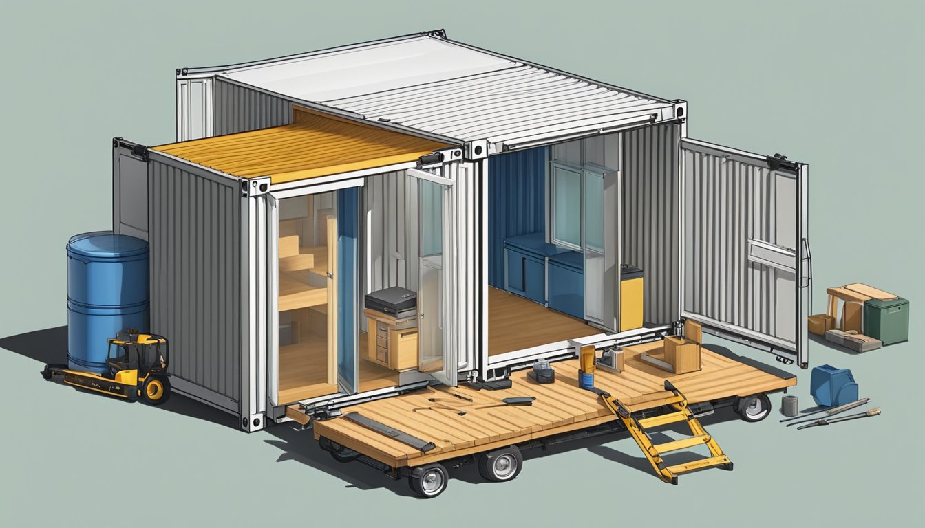 A container being transformed into a tiny house, with construction materials and tools scattered around the site