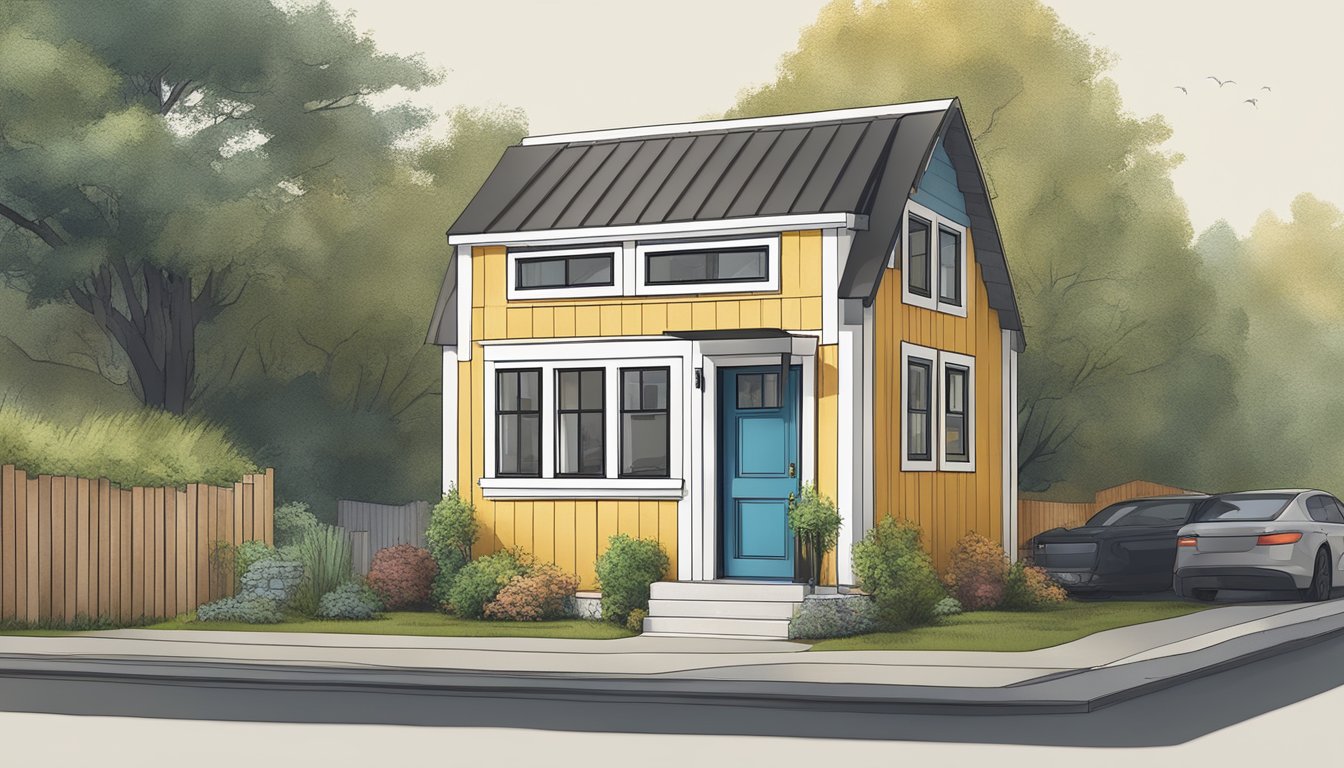 A tiny house with two stories surrounded by zoning and building code documents and regulations