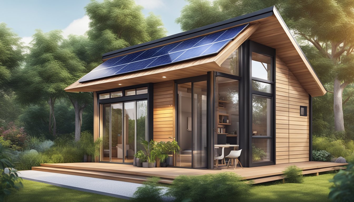 A two-story tiny house with modern design and sustainable features, surrounded by lush greenery and solar panels on the roof