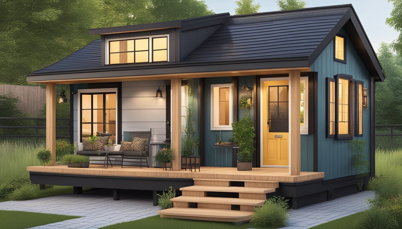 A cozy 2-bedroom tiny house with a sloped roof, large windows, and a front porch. The exterior is made of wood and features a small garden