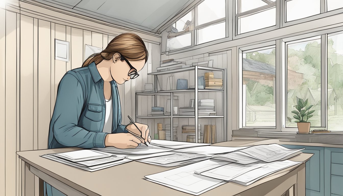 A person measures and sketches tiny house and shed designs, surrounded by legal documents and zoning regulations