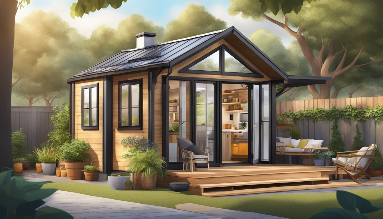 A cozy 2-bedroom tiny house with a compact kitchen, a small living area, and a loft bedroom. Outdoor space includes a patio with potted plants and a hammock