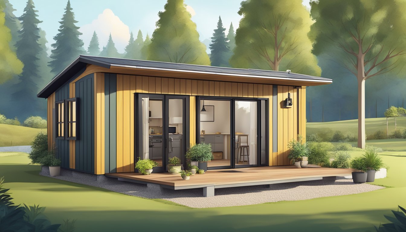 A cozy 2-bedroom tiny house with a compact kitchen, living area, and a small patio. Surrounding trees and a peaceful setting suggest a budget-friendly and sustainable lifestyle