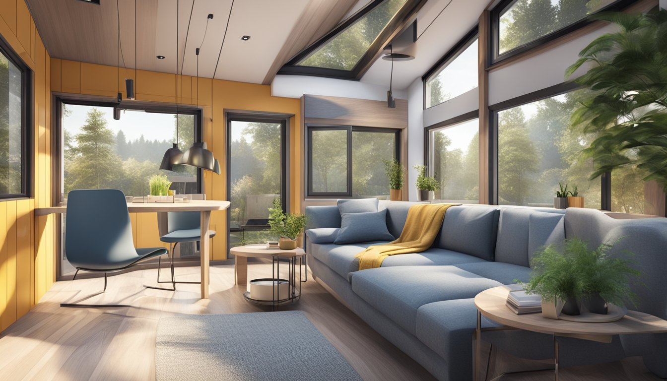 A modern 2-bedroom tiny house with innovative design features and futuristic technology