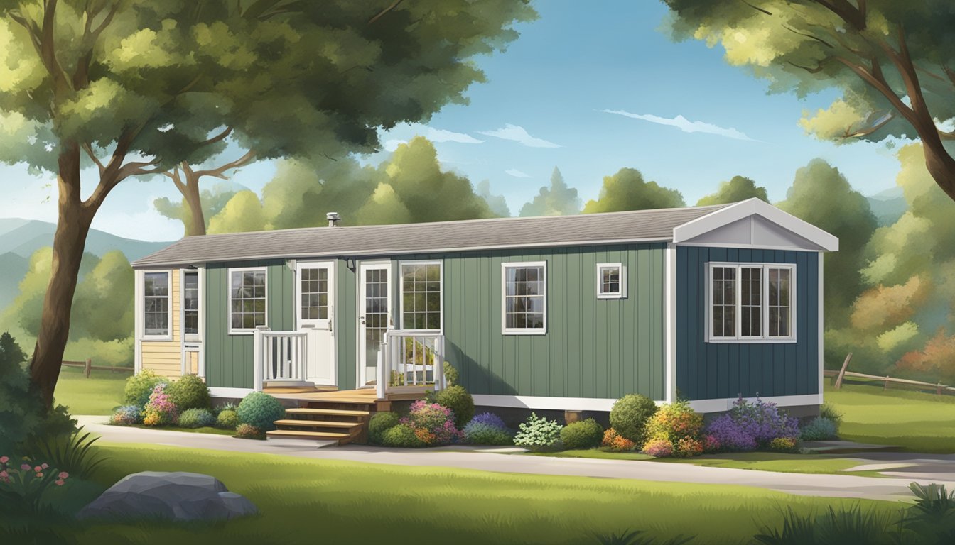 A small, mobile home with a built-in garage, nestled in a scenic countryside setting