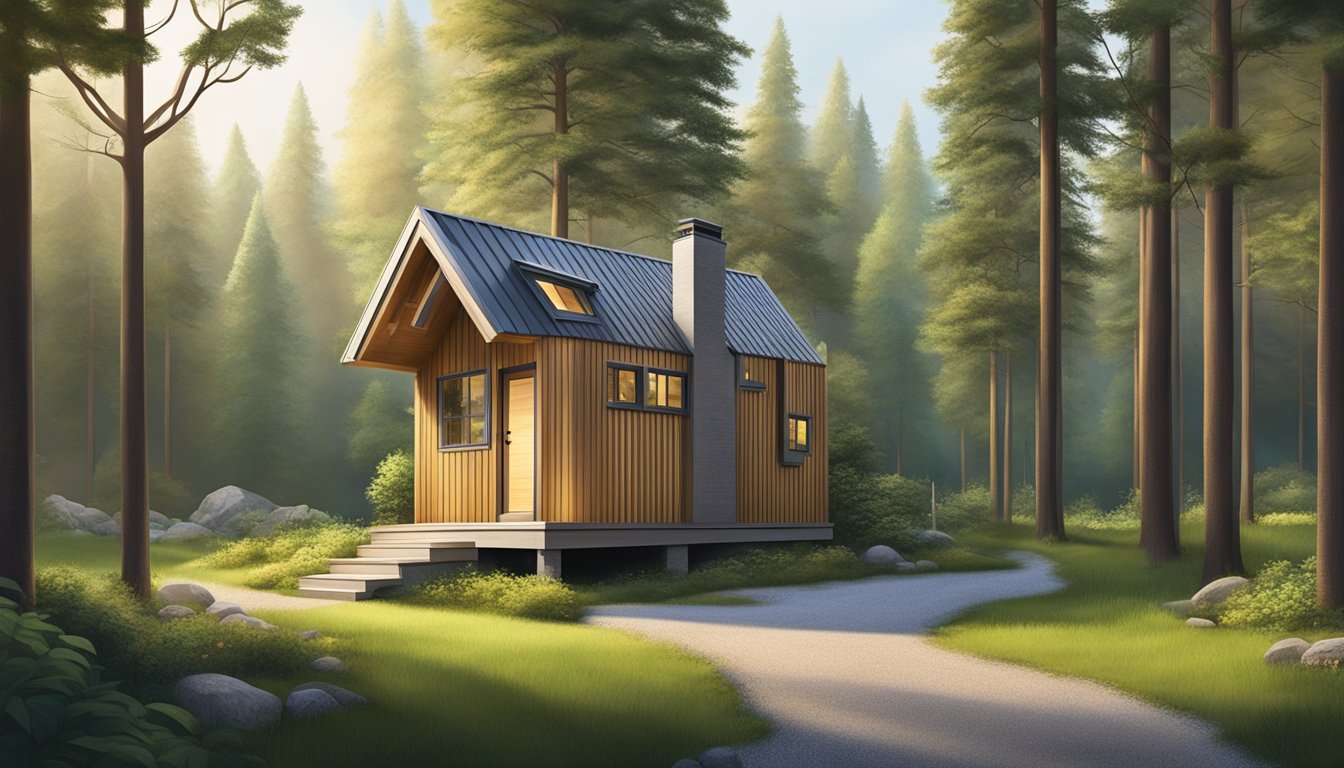 A tiny house with a garage nestled in a lush green forest setting, surrounded by tall trees and a winding gravel driveway