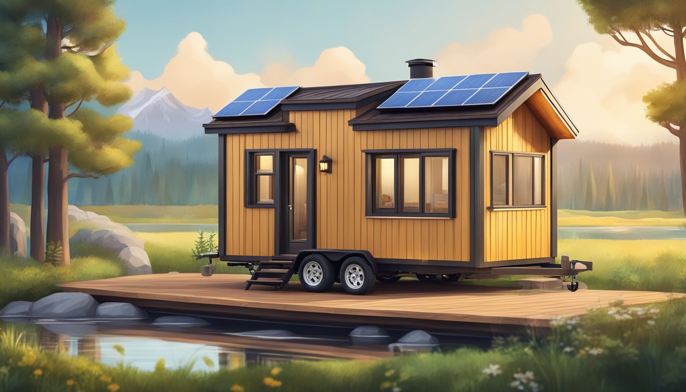 A tiny house on wheels parked in a serene natural setting, surrounded by trees and a small stream, with a cozy interior and solar panels on the roof