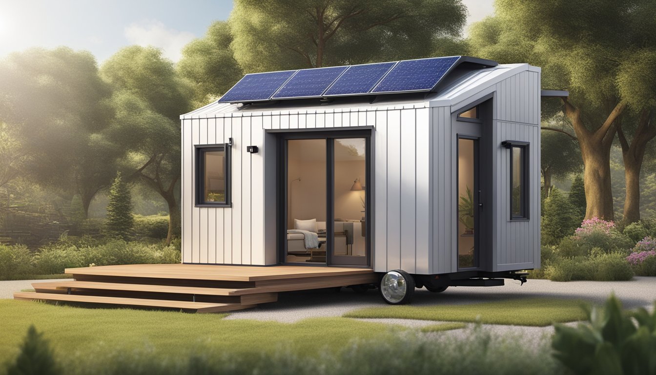 A mobile tiny house parked in a serene natural setting, with solar panels on the roof and a small garden next to it