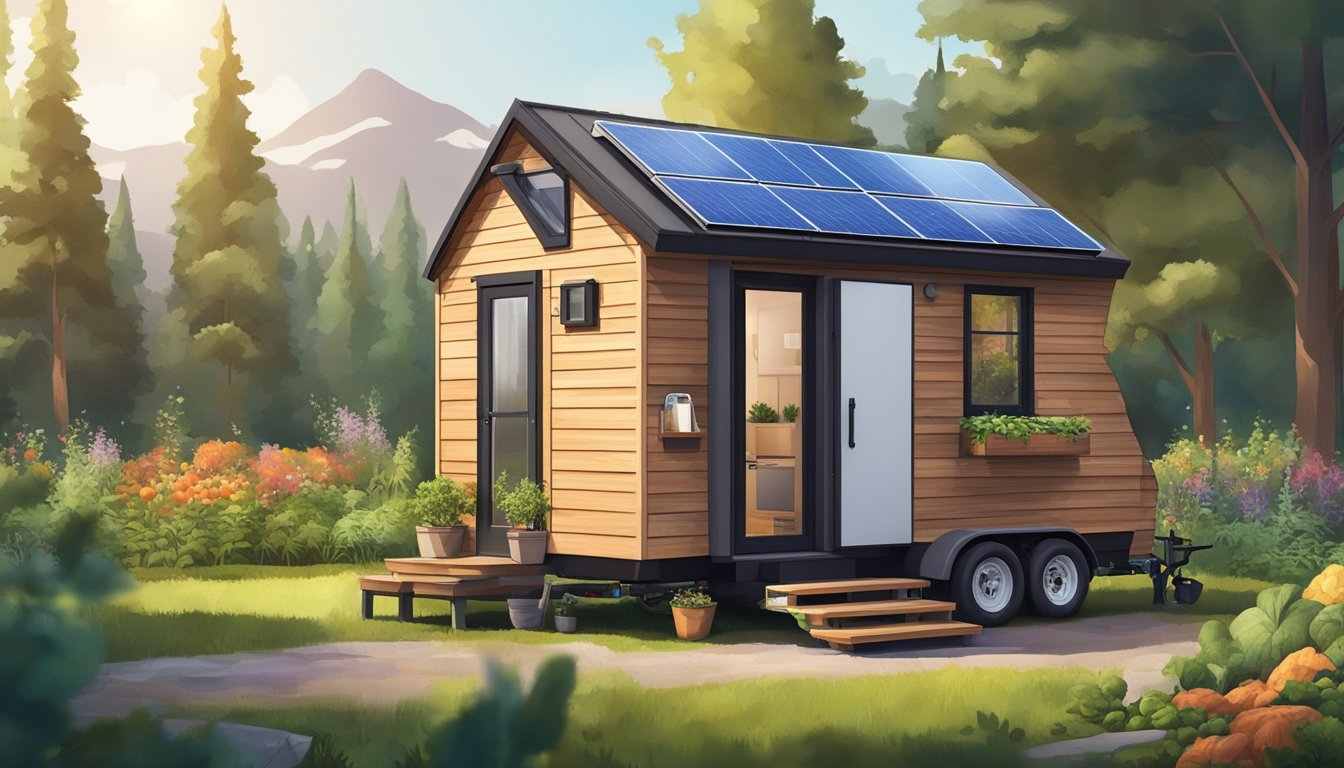 A tiny house on wheels parked next to a lush forest, with solar panels and a composting toilet, surrounded by a small vegetable garden