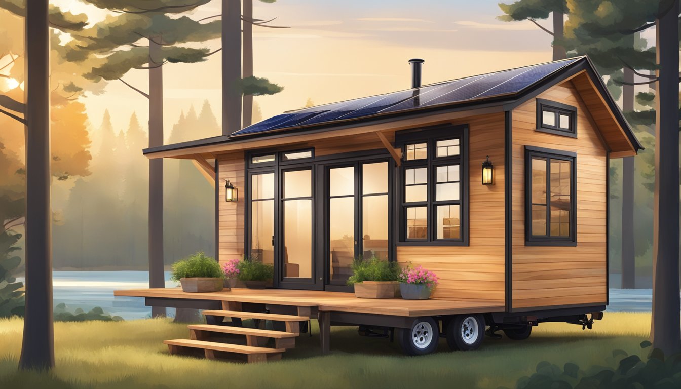 A cozy tiny house on wheels, nestled in a serene natural setting with a small porch, solar panels, and large windows to let in plenty of natural light