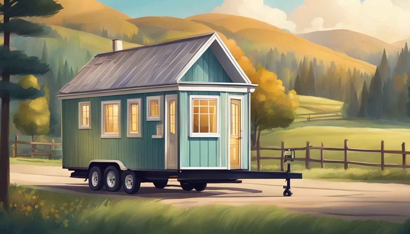 A tiny house being transported on a trailer through a scenic countryside