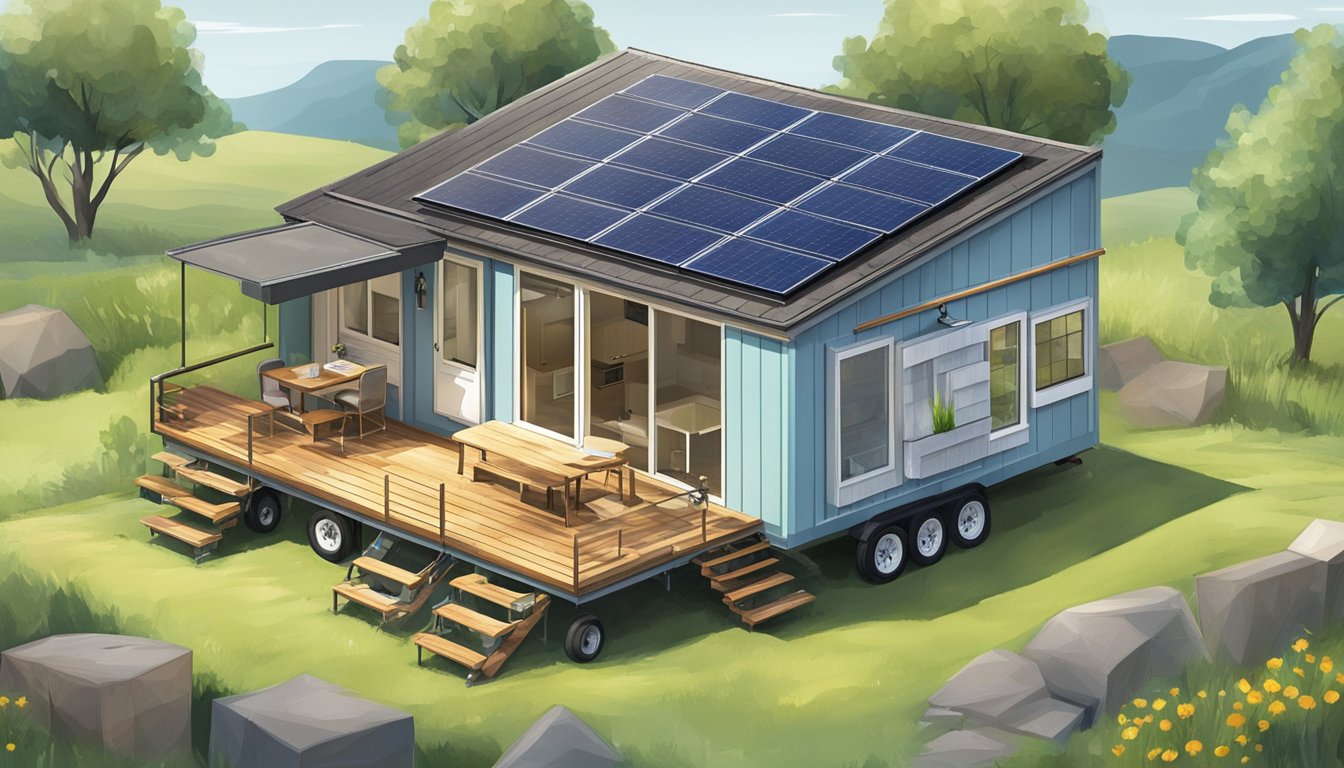 A tiny house on wheels surrounded by solar panels and a rainwater collection system