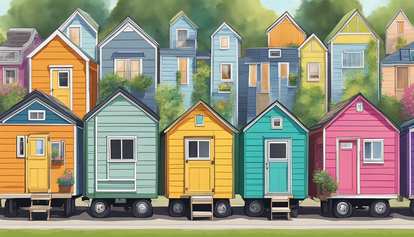 A row of colorful tiny houses on wheels nestled in a vibrant, tight-knit community