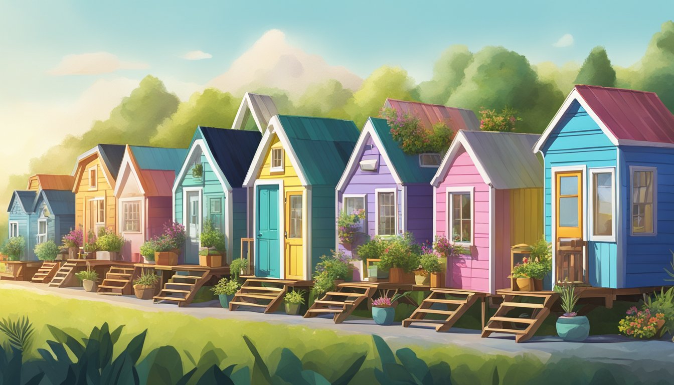 A row of colorful tiny houses on wheels, surrounded by lush greenery and under a clear blue sky, with vendors showcasing their products