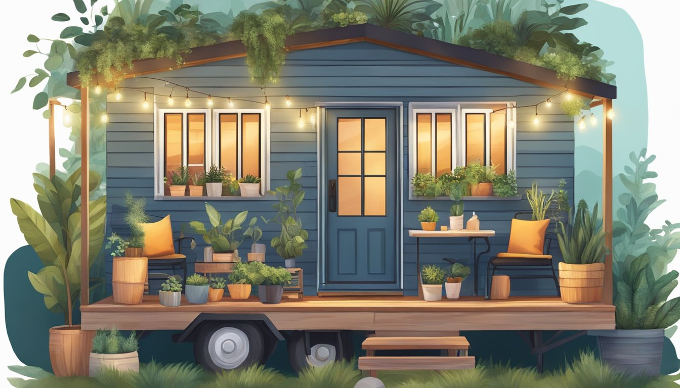 A tiny house on wheels adorned with plants, string lights, and colorful outdoor furniture, creating a cozy and inviting atmosphere