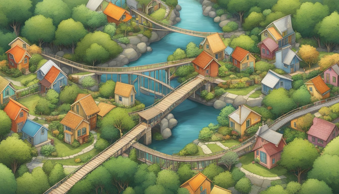 Several tiny houses linked by bridges and walkways, surrounded by trees and gardens