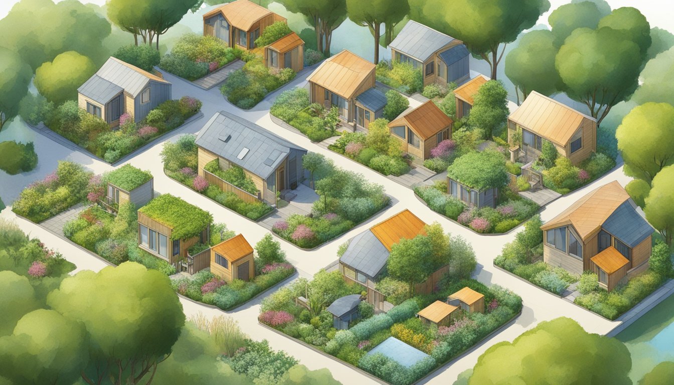 A cluster of tiny houses surrounded by greenery, with communal gardens and a central gathering area