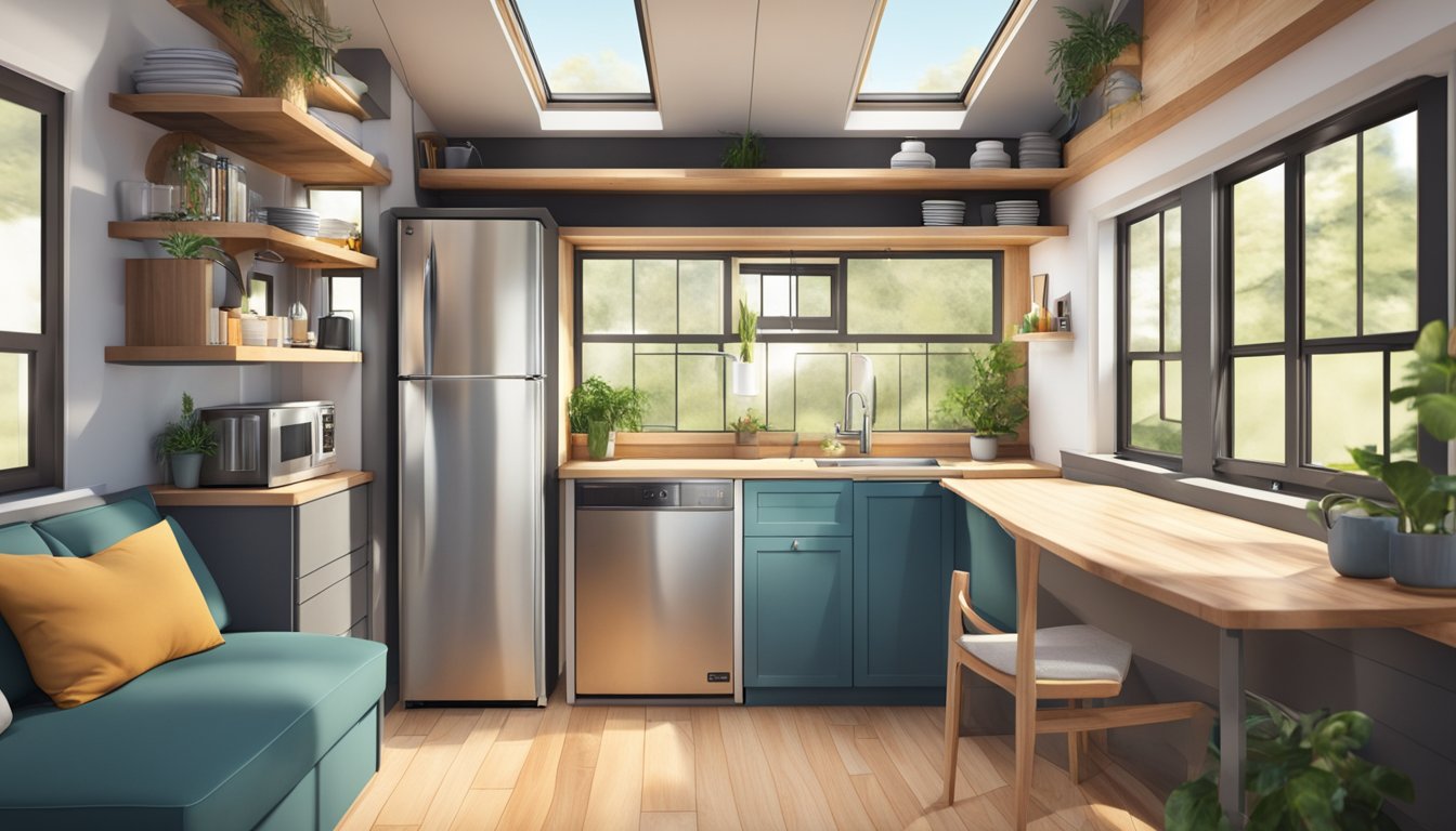 A cozy two-bedroom tiny home with a lofted sleeping area, compact kitchen, and a small living space with large windows for natural light