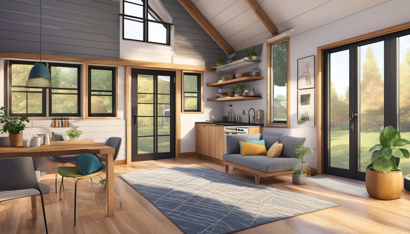 A cozy two-bedroom tiny house with a spacious living area, a well-equipped kitchen, and large windows allowing natural light to fill the space