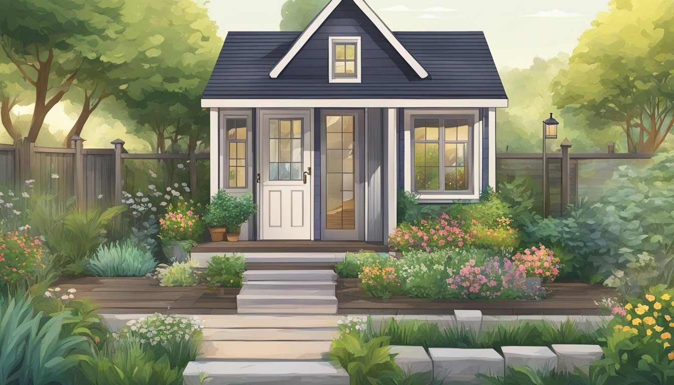 A tiny house sits in a lush garden, with a shed nearby. Various expenses and costs, such as bills and construction materials, are scattered around the scene