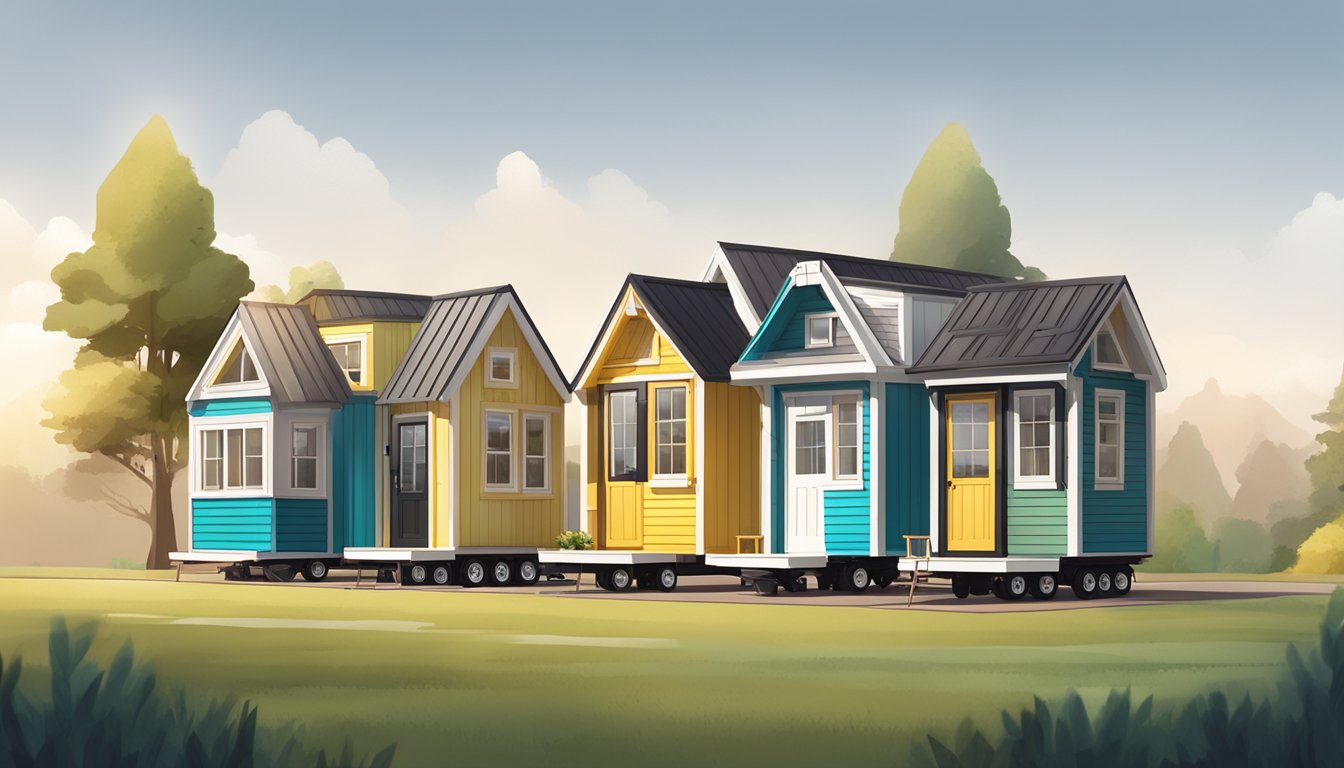 A row of three tiny houses with modern exterior designs, each featuring three bedrooms and wheels for mobility