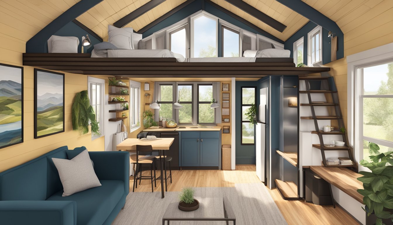 A cozy, 500-square-foot tiny house with a loft bedroom, large windows, a small kitchen, and a compact living area with a fireplace