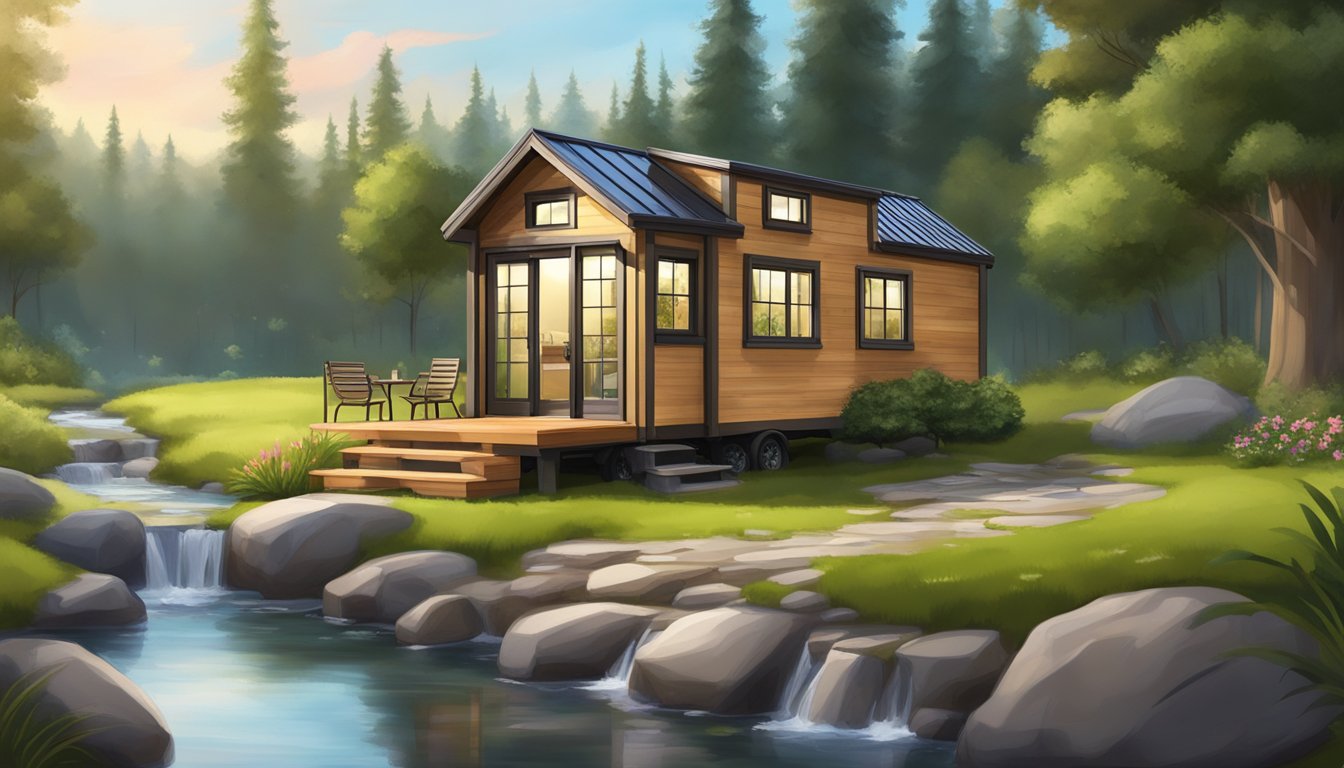 A cozy 500 sq ft tiny house nestled in a serene natural setting, surrounded by lush greenery and a tranquil stream flowing nearby