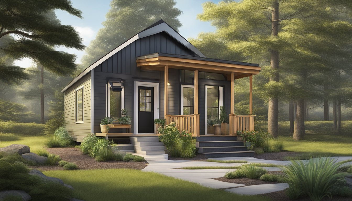 A quaint 600 sq ft tiny house with a sloped roof, large windows, and a front porch nestled in a wooded area