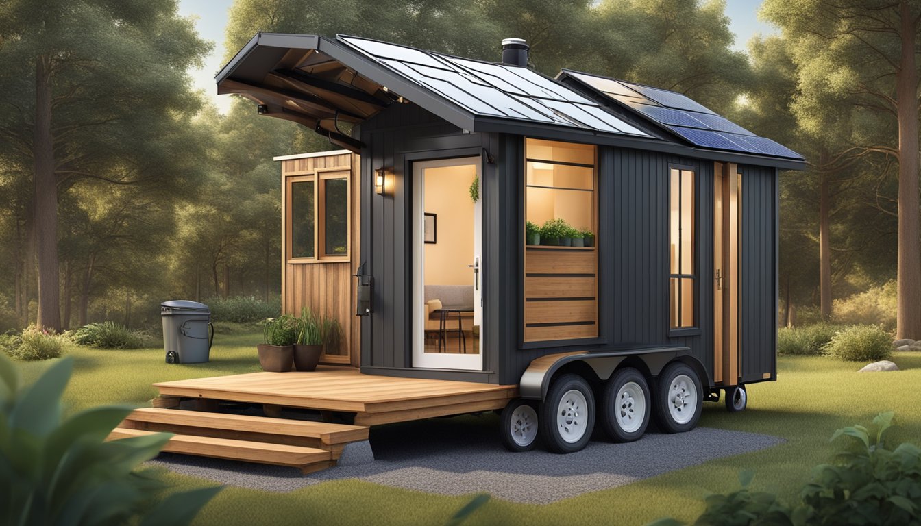 A tiny house with a footprint of 500 square feet, featuring efficient use of space, solar panels on the roof, and a composting toilet