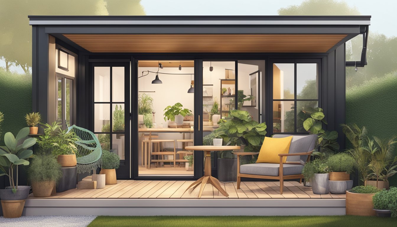 A tiny house with a 500 square foot outdoor space, featuring a cozy patio, potted plants, and a small garden with a hammock and outdoor seating