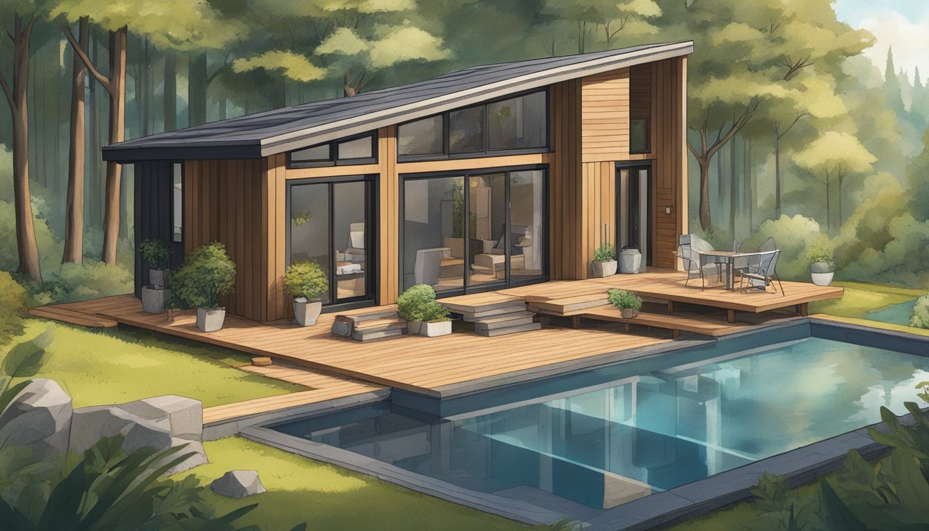 A tiny house with a pool nestled among trees, with space for construction materials and workers nearby