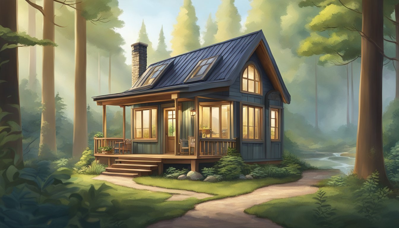 A tiny house nestled in a lush forest, surrounded by tall trees and a winding stream. The exterior features a quaint porch and large windows, while the interior is cozy and efficiently designed