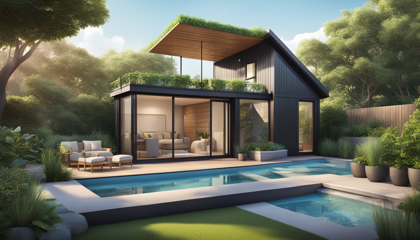 A small, modern tiny house with a sleek, rectangular pool nestled in the backyard, surrounded by lush greenery and a cozy outdoor seating area