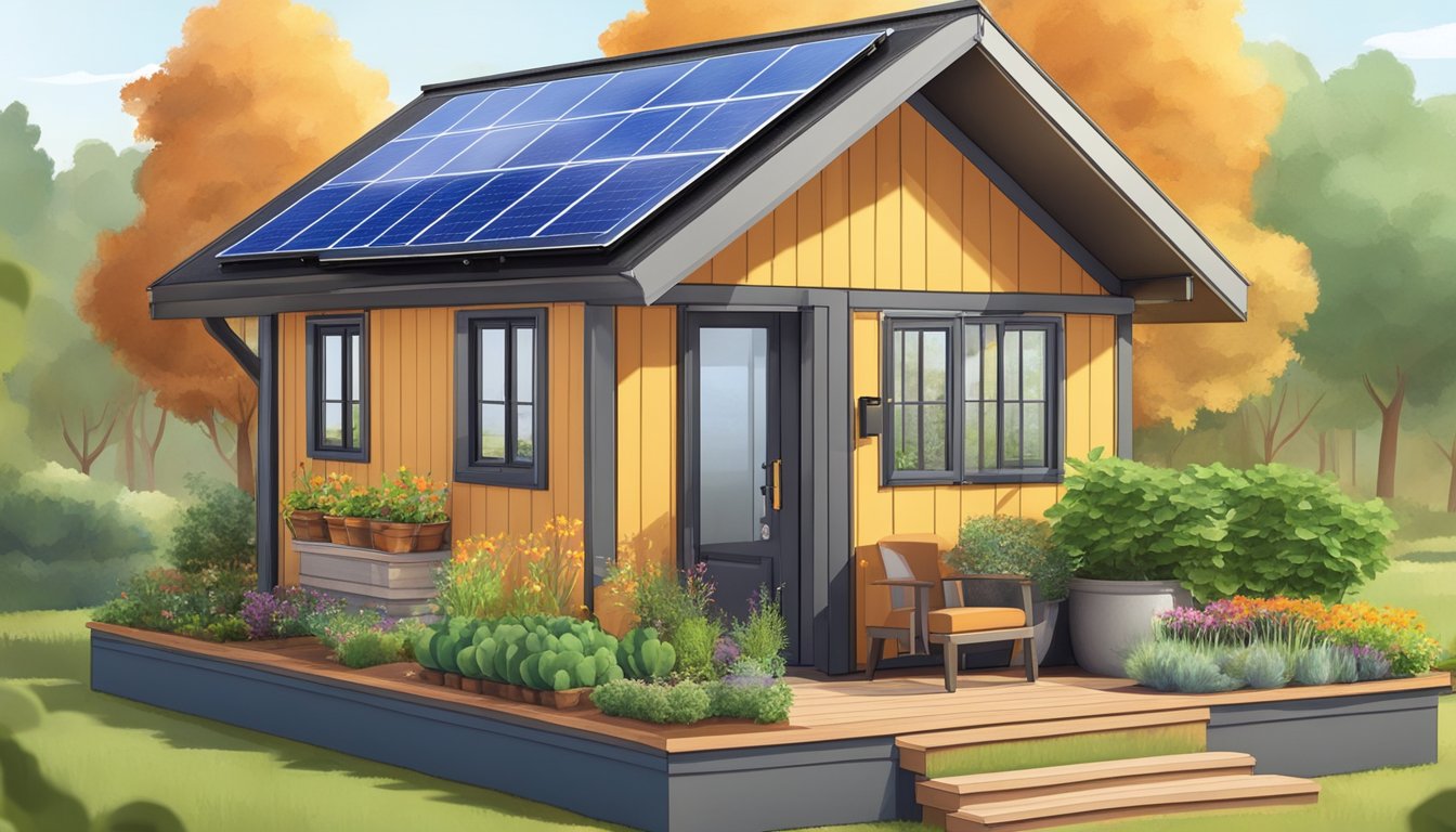 A cozy 500 square foot tiny house with solar panels, rainwater collection system, and a small vegetable garden