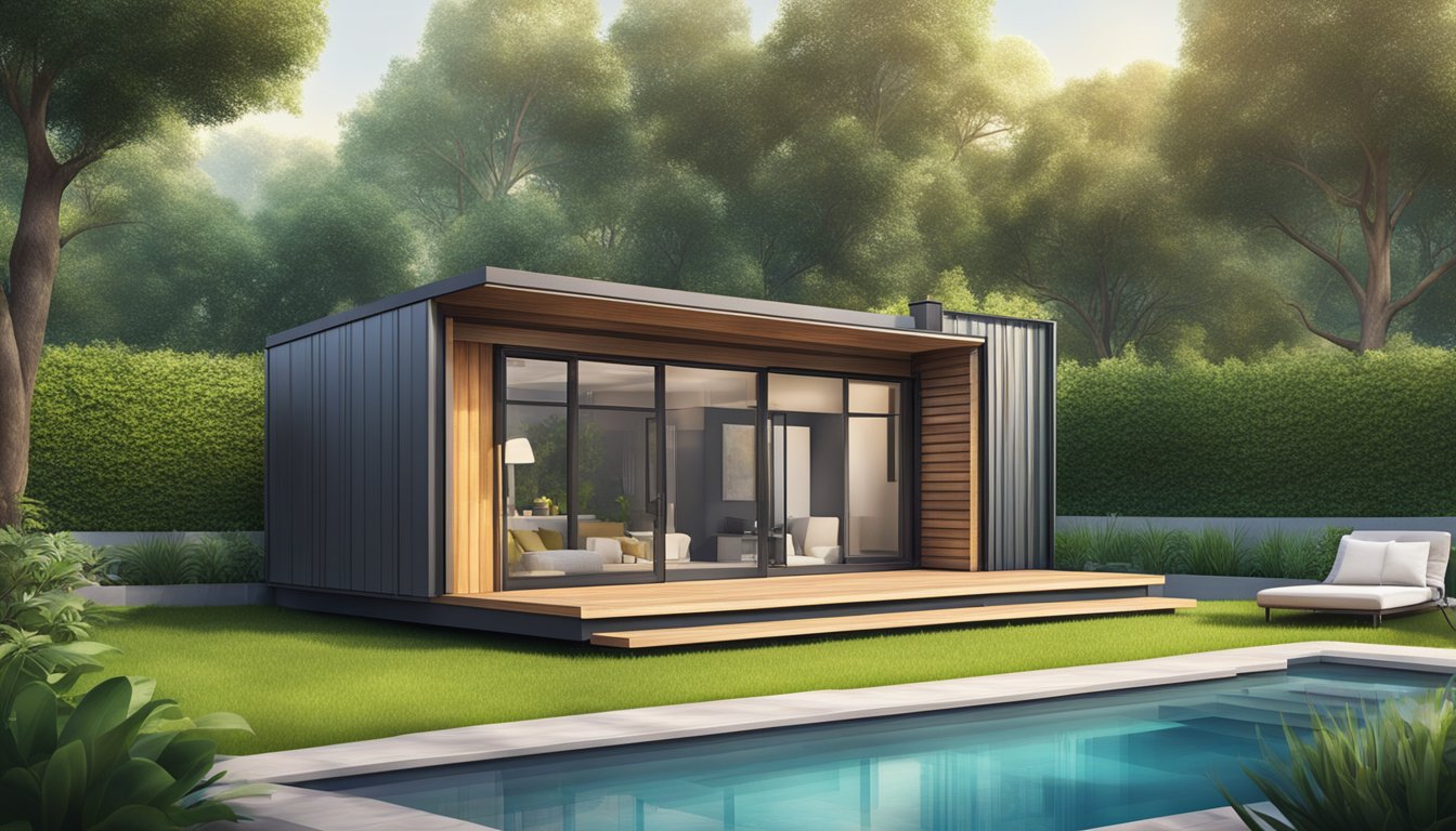 A small, compact tiny house with a sleek, modern design, nestled in a lush green backyard with a sparkling, inviting swimming pool