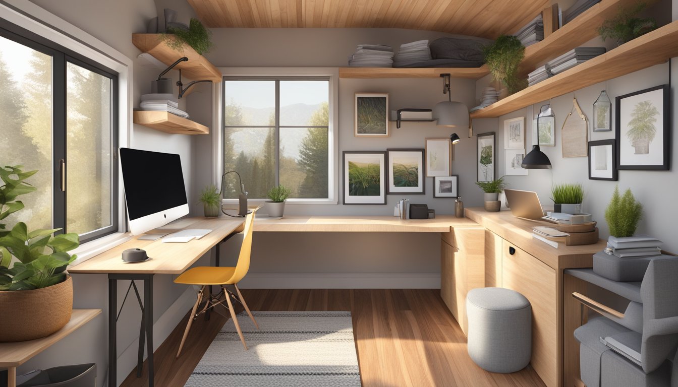 A cozy, clutter-free tiny house with a stylish home office nook, complete with a sleek desk, ergonomic chair, and plenty of natural light