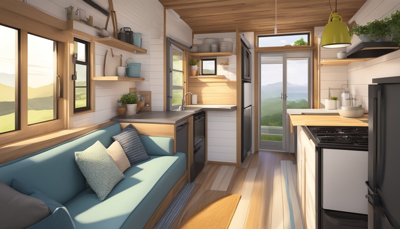 A cozy 300 sq ft tiny house with a lofted bed, compact kitchen, and a small living area with large windows and natural light