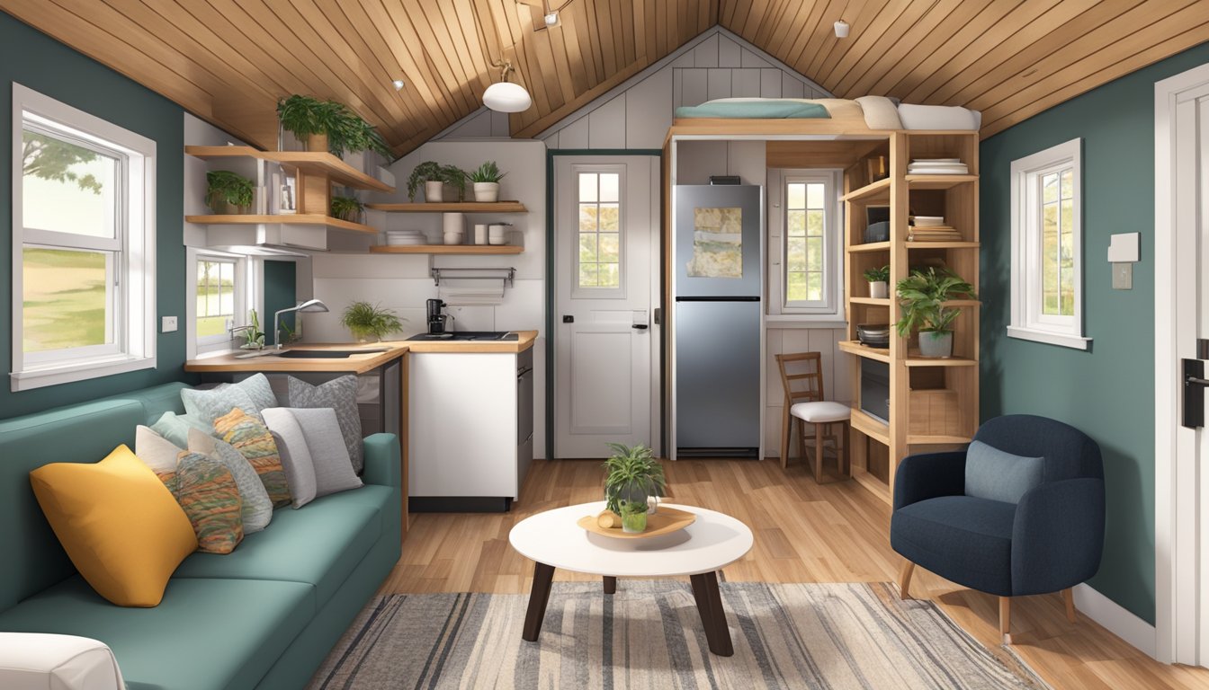 A cozy 700 sq ft tiny house interior with efficient layout, including a living area, kitchen, dining space, bathroom, and bedroom loft