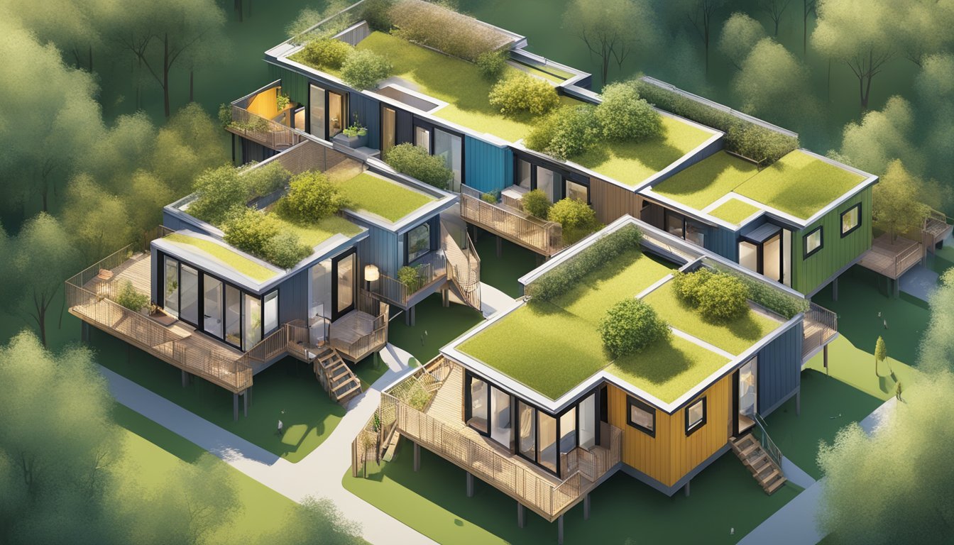 A cluster of multi-unit tiny houses connected by walkways and shared outdoor spaces, nestled among trees and surrounded by nature