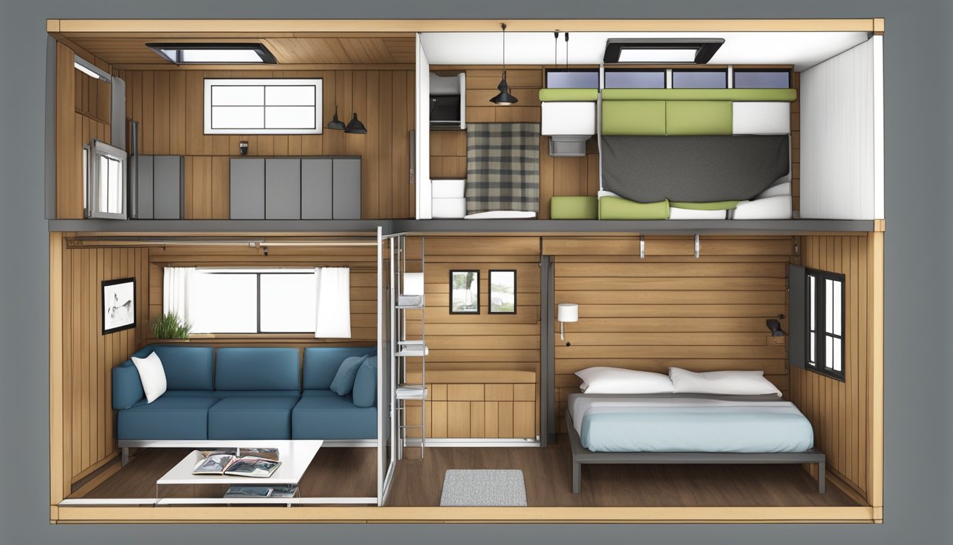 A 700 sq ft tiny house with add-on features and multi-functional areas, such as a lofted sleeping area, a fold-down dining table, and hidden storage compartments